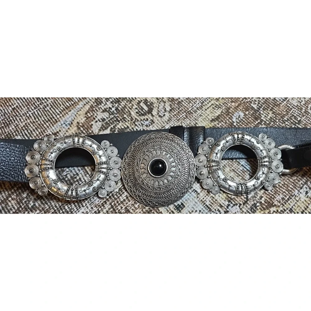 Chicos Triple Medallion Concho Belt Blk Leather Silver M/L Western Boho Festival